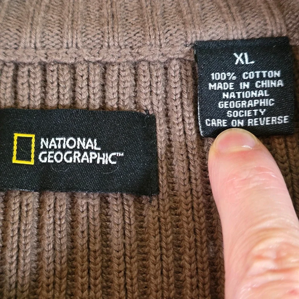 NATIONAL GEOGRAPHIC Men's XL Brown Cotton‎ Leather Chunky Ribbed Full Zip Vest - Picture 4 of 7